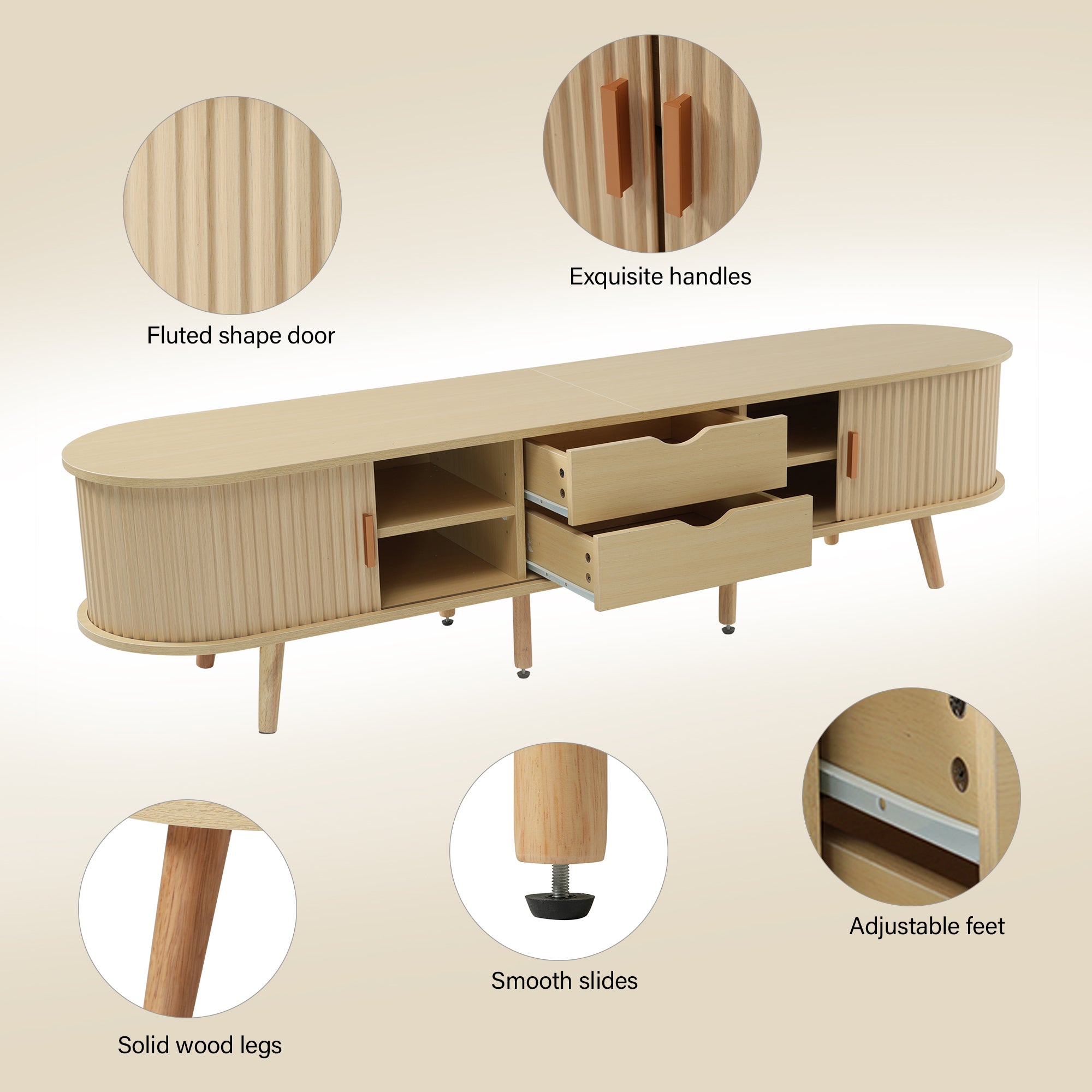 Living Room TV Cabinet With Storage  Coffee Table Combination, Oval Combination In Original Wood Color, MDF