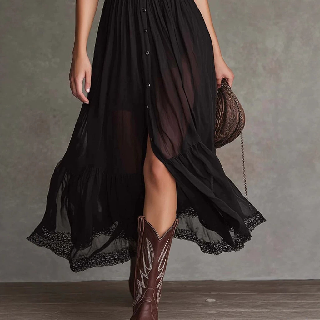 Fitted-waist Ruffled-edge Chic Dark-style V-neck Blouse And Slit Maxi Skirt