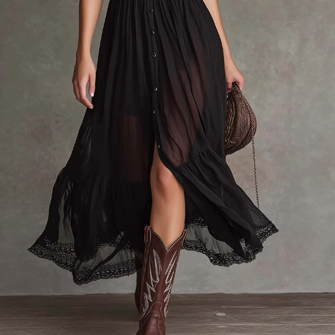 Fitted-waist Ruffled-edge Chic Dark-style V-neck Blouse And Slit Maxi Skirt