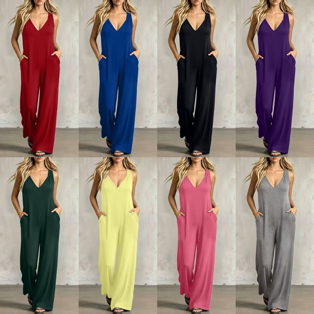 Simple V-neck Pocket Solid-color Hooded Jumpsuit
