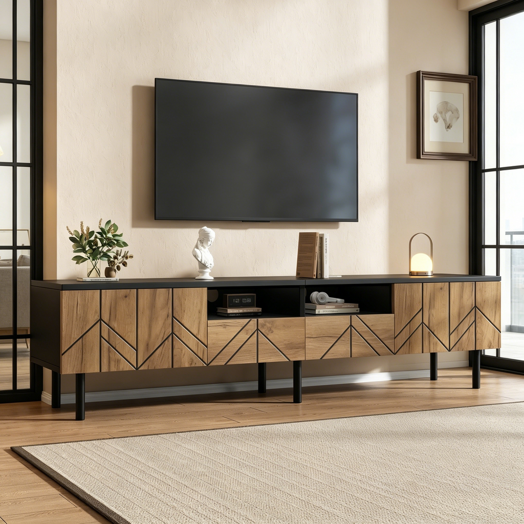 TV Cabinet 180x40x45 Cm With Drawers & Doors, Modern Lowboard Made Of Chipboard, TV Stand For Living Room, Load Capacity Up To 75kg, Black-wood Look