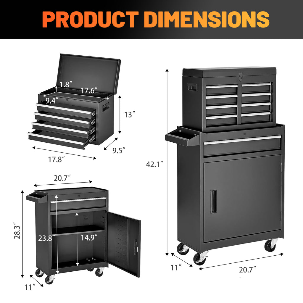 Excelo Tool Chest, 5-Drawer Rolling Tool Storage Cabinet With Detachable Top Tool Box, Liner, Universal Lockable Wheels, Adjustable Shelf, Locking Mechanism, Metal Tool Cart For Garage Workshop