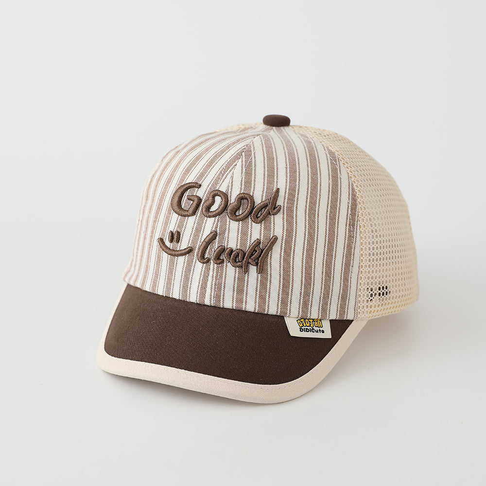 Summer Men's And Women's Striped Baseball Cap With Embroidered Letters Good Luck On The Body, Net-like Fabric, Fashionable And Casual Style
