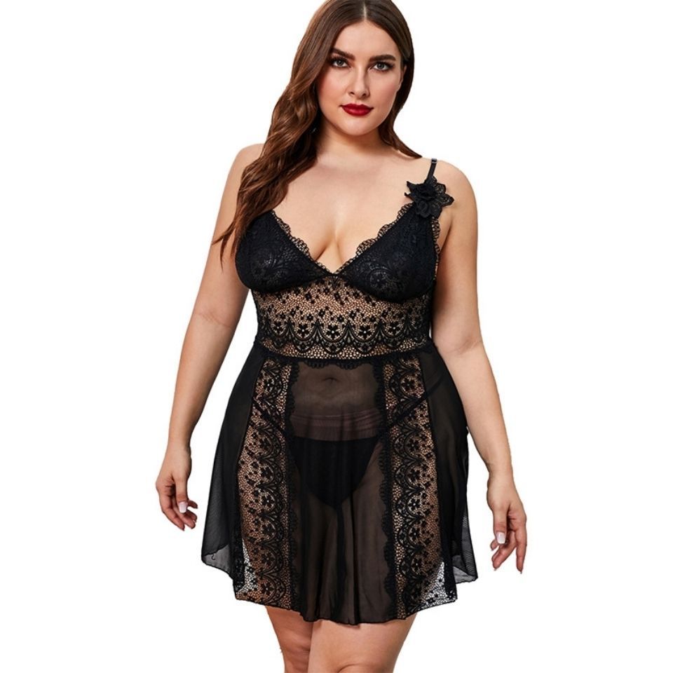 Women's Deep V Strap Lace Nightdress Mesh See-through