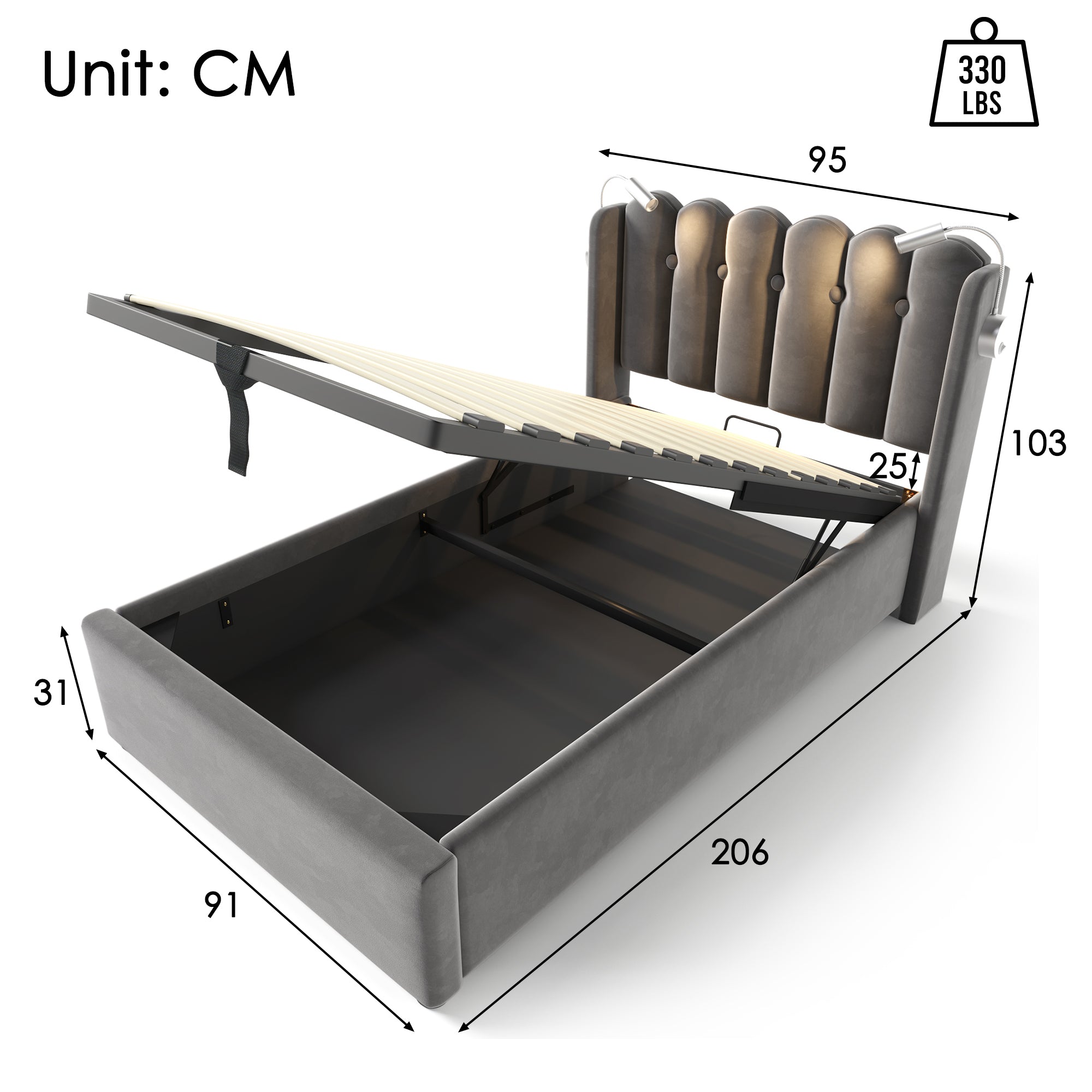 Upholstered Bed Single Bed Reading Light With Charging Headboard Storage Bed Frame Velvet Youth Bed 90x200 With Slatted Frame,Grey Without Mattress