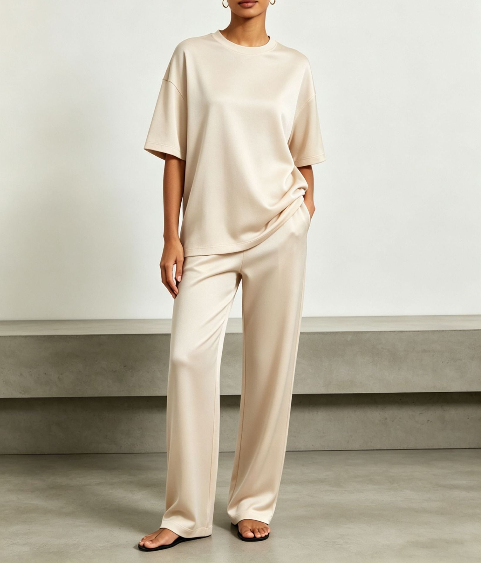 SpringSummer New Arrival Draped Solid-Color Slimming Wide-Leg Pants Set