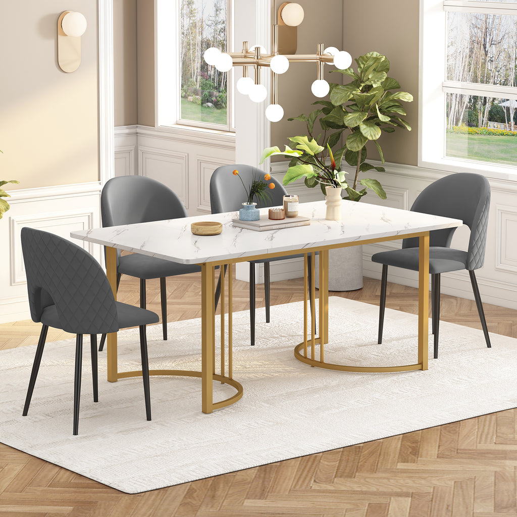 Dining Group,Set,140x80cm Dining Table With 4 Chairs,Modern Kitchen Table Set,Velvet Dining Room Chair With Diamond Pattern,Adjustable Chair Legs,Grey Velvet,MDF Table Top In White,Golden Table Legs