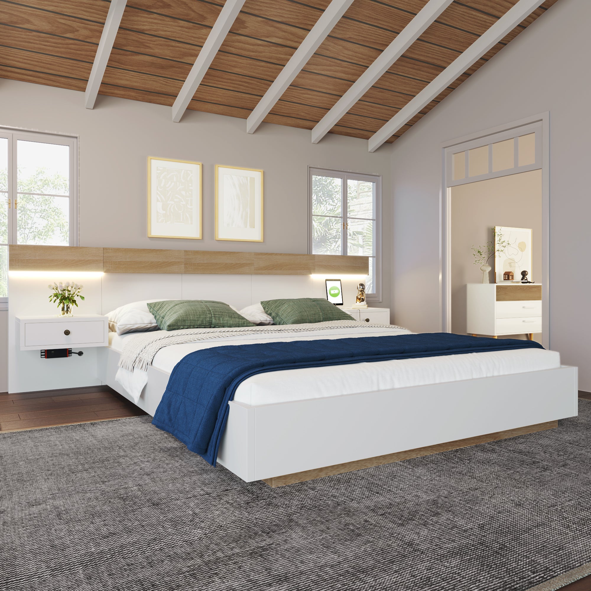 Double Bed Bed With 2 LED Bedside Dressers & USB C Socket 140 X 200 Cm Wooden Bed Incl. 2 Bedside Tables Bedroom Complete--205x244x90.5 Cm L W H Set In Oak Sonoma White  Without Mattress