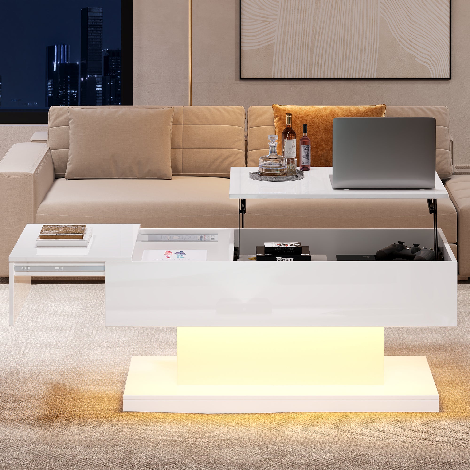 High Gloss Lift Tea Table LED Coffee Tables Coffee Table 100x50x45 Cm With LED Lighting - Semi-Liftable Table Top And Sideways Sliding Design, Hydraulic Lift And Storage