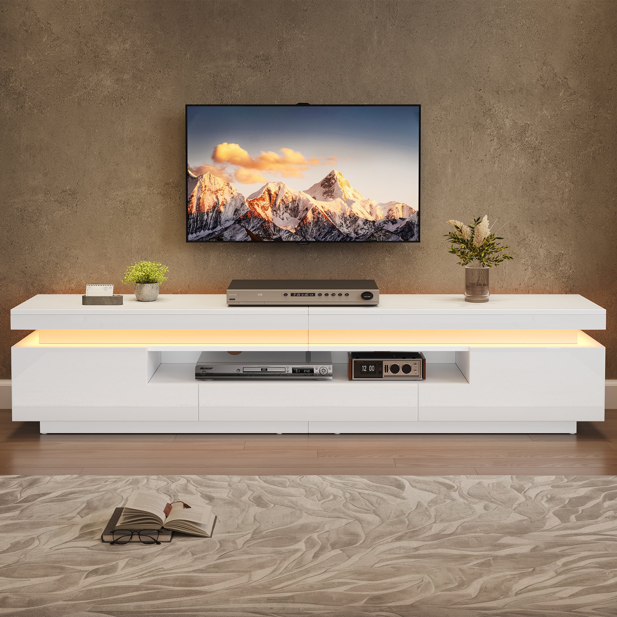 175x38x45cm Living Room TV Stand With 2 L-Shaped Cabinets And 1 Drawer,High Gloss Living Room Cabinet With LED,Lowboard With Semi-Open Storage,Floor-standing TV Cabinet Suitable For TVs Around 75 Inch