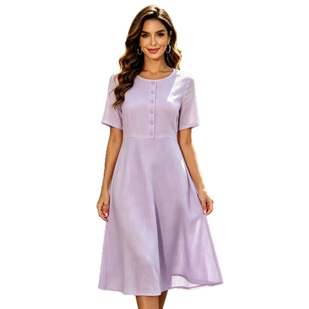 Elegant Round-neck Short-sleeve Buttoned A-line Dress With A Fitted Waist For Workwear