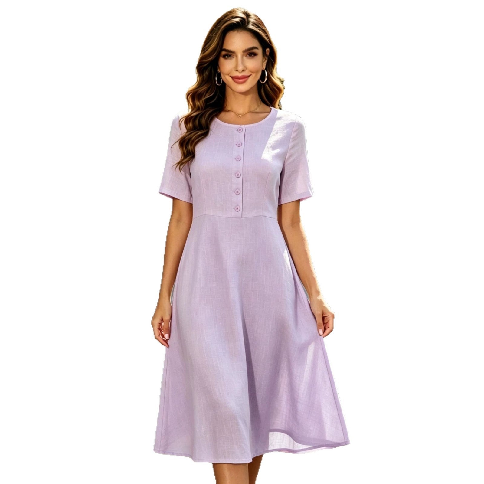 Elegant Round-neck Short-sleeve Buttoned A-line Dress With A Fitted Waist For Workwear