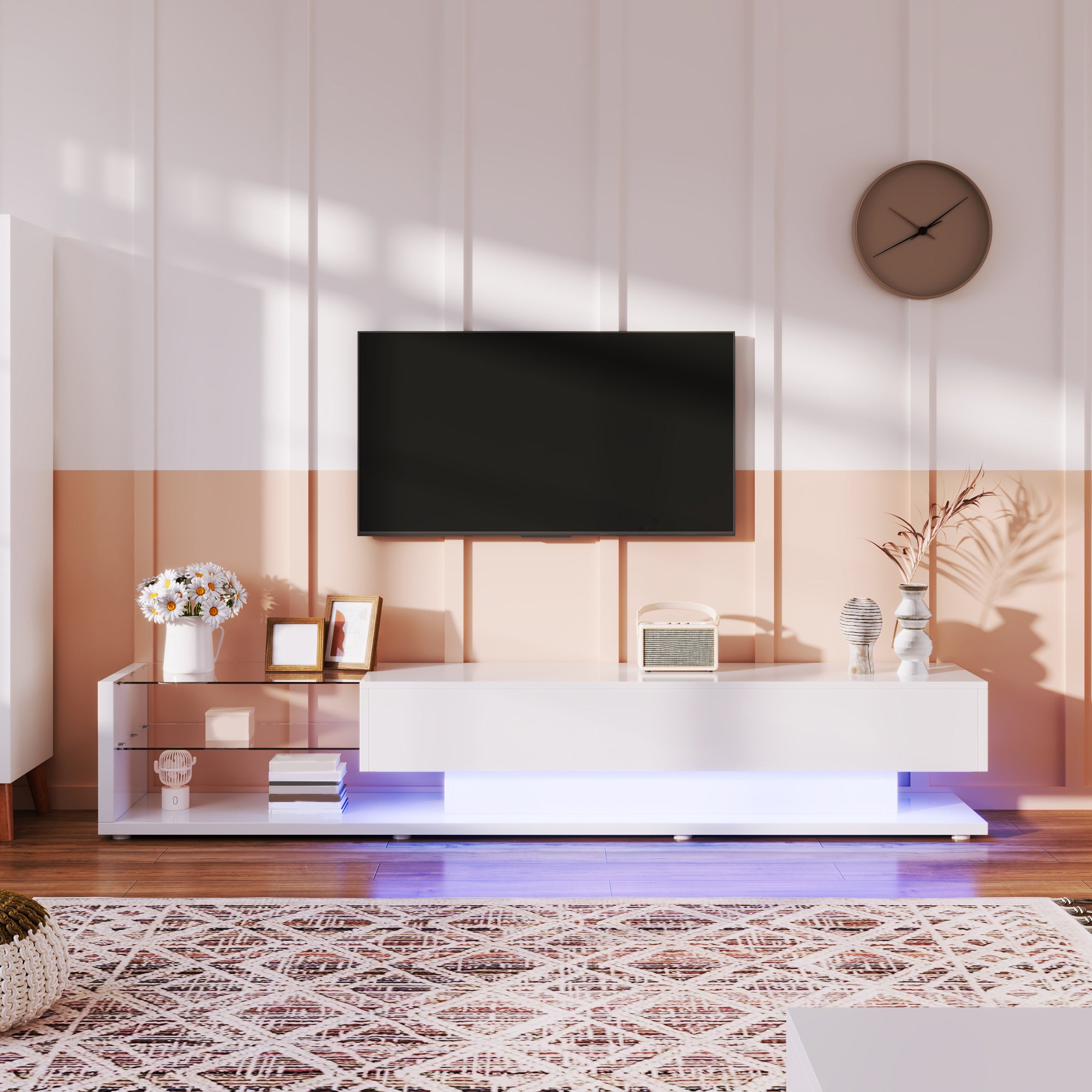 TV Cabinets, Low Panels, High Gloss White Glass Partitions And Variable LED Lighting. It Combines Natural, Rustic Style With Modern Design