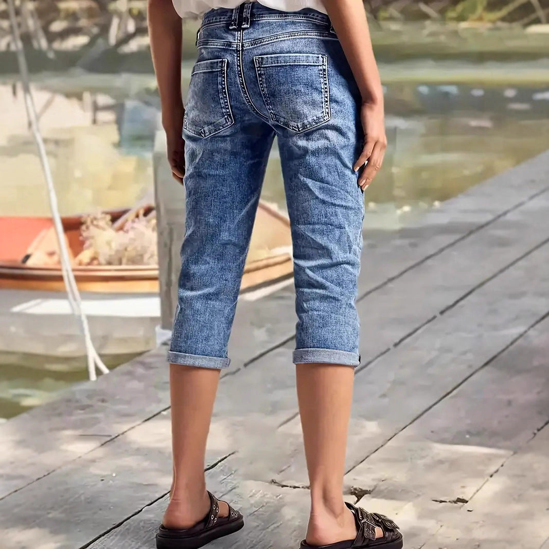 Crafted Wash Cuffed Hem Versatile Denim Mid-length Shorts