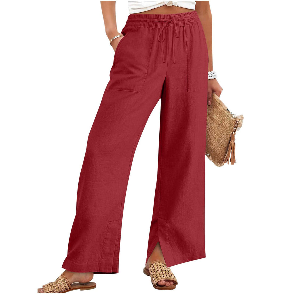 Wide-leg Pants With A Fitted Waist And Drawstring Solid-color Casual Trousers