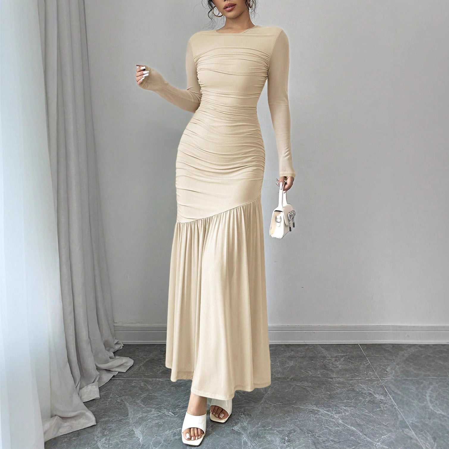 Fashionable Slim-fit Pleated Elegant Long-sleeve Dress