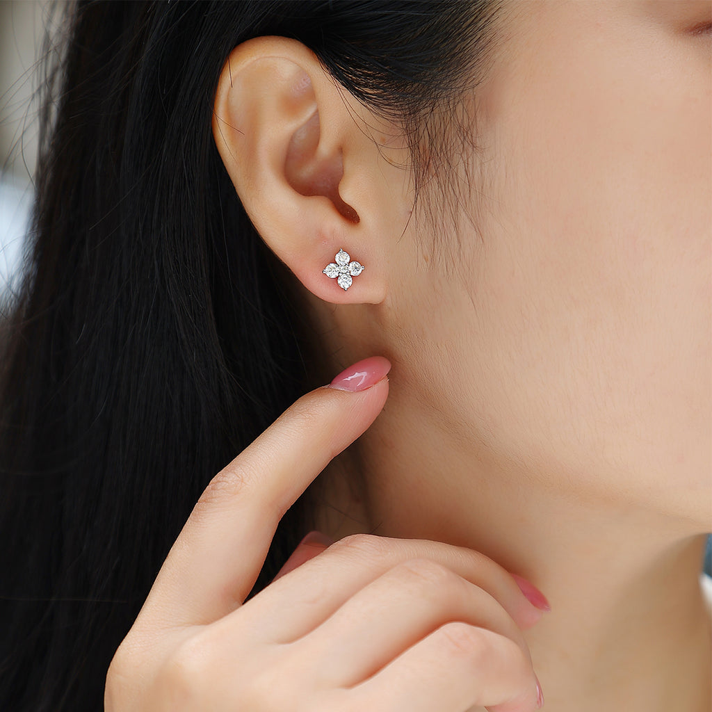 S925 Sterling Silver Gold Plated Clover Stud Earrings, D-VVS1 Moissanite, 1.2g Women's Jewelry Gift Box