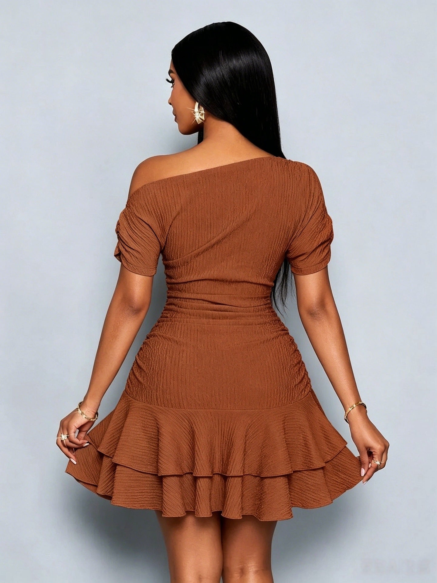Summer Asymmetrical One Shoulder Short Sleeve Ruched Bodycon Ruffle Mini Dress - Sexy Solid Color Club Dress, Multiple Colors Available