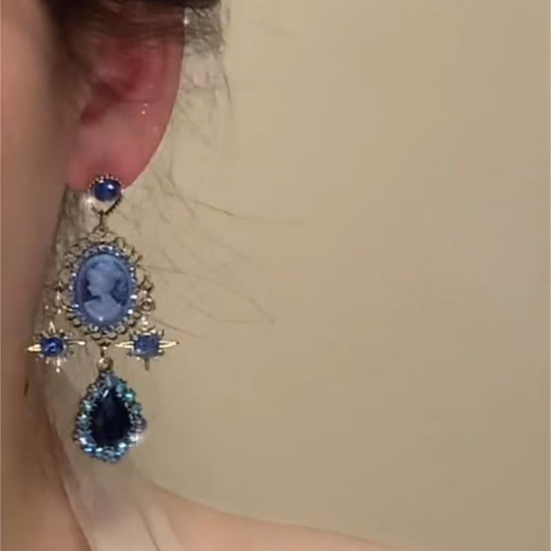 Vintage  Style Light Luxury Tassel Earrings, Exquisite Designer High-End Blue Elegant Jewelry For Noble Ladies