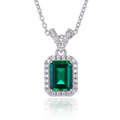 S925 Sterling Silver Emerald Cut Lab-Grown Emerald Pendant Necklace, Halo Setting, Platinum Plated 1.2g, Women's Jewelry Gift Box