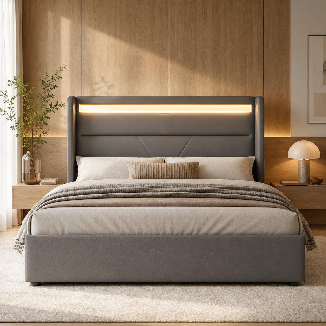Hydraulic Storage Bed With LED Lighting Strip, Double Bed Bed Frame Upholstered Bed 140x200cm, Functional Bed, Grey  With Remote Control