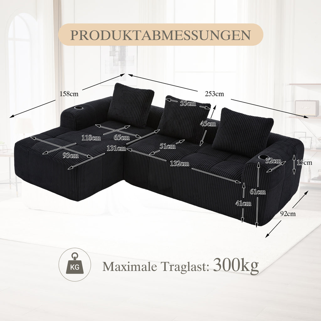 Compact Sofa Made Of Corduroy  Soft, Modular & Suitable For Everyday Use With Side Pocket And Cup Holder. High-quality Comfort For Long Periods Of Sitting, Incl. 3 Cushions. Ideal For Living Rooms, S
