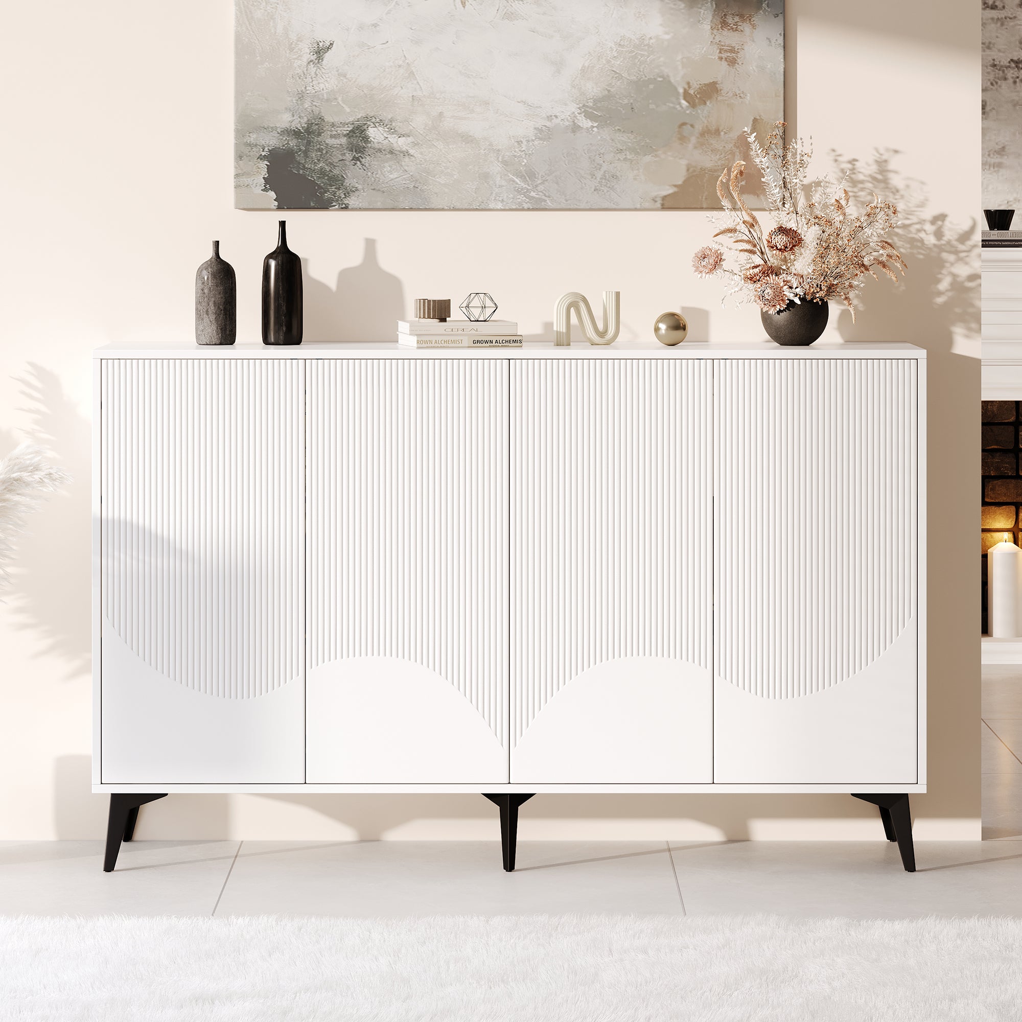 White Sideboard Width 160 Cm, Multifunctional Sideboard, Chest Of Drawers, Highboard With Adjustable Shelves, 4 Doors, Metal Legs