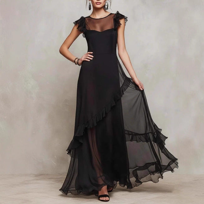 Womens Solid-color Sheer Flounce Asymmetric Long Dress