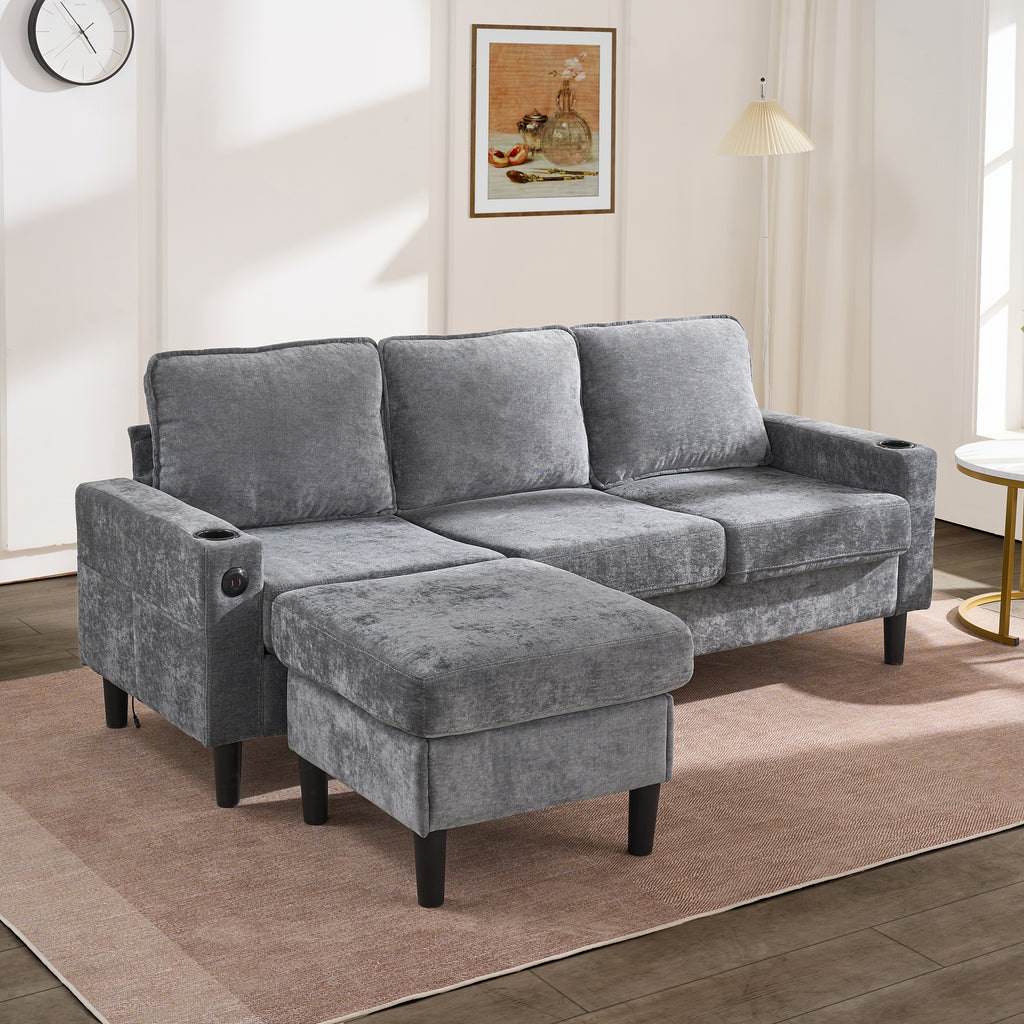 Upholstered Sofa & Couch With USB & Type-C Ports, 3 Seater Sofa With Dual Cup Holders For Living Room, Apartment, Lounge & Bedroom - L-Shaped Sofa Bed, Grey, Linen