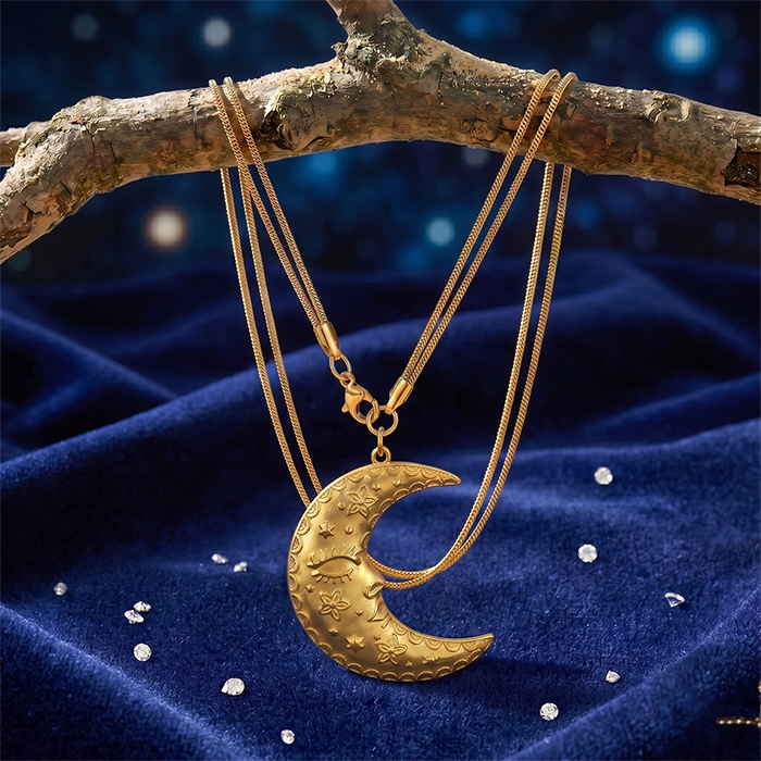 Double Layer Moon Face Pendant Necklace For Women, 18K Gold Plated Stainless Steel Snake Chain Choker, Celestial Boho Starry Jewelry Gift