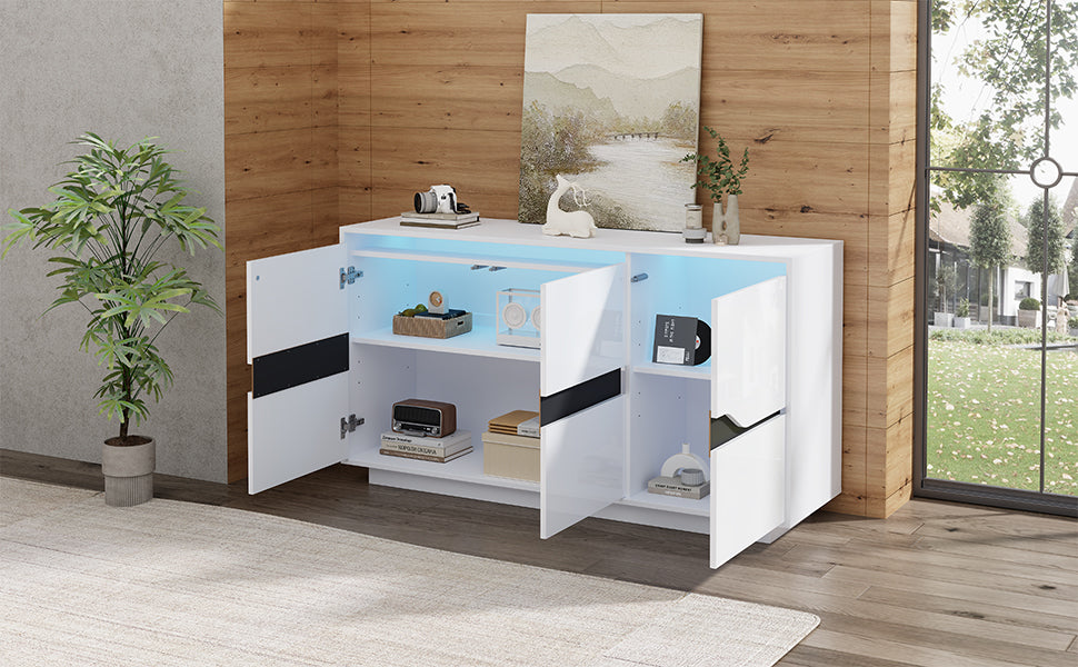 140X40X70cm Living Room Credenza,Sideboards With 3 Doors,Versatile Chest Of Drawers With Adjustable Dividers,Wide Handleless Lockers,High Gloss Sofa Side Cabinet With LED,White-Black
