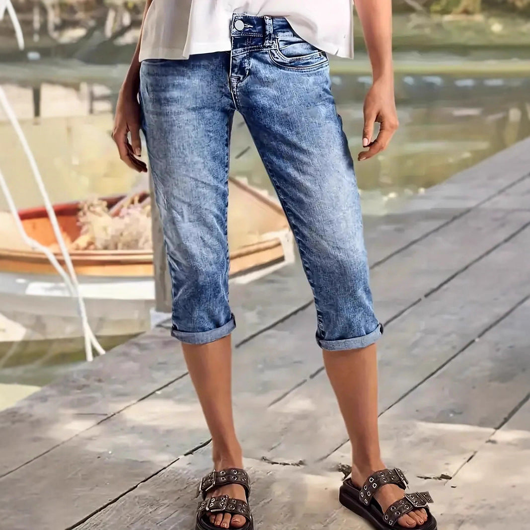 Crafted Wash Cuffed Hem Versatile Denim Mid-length Shorts