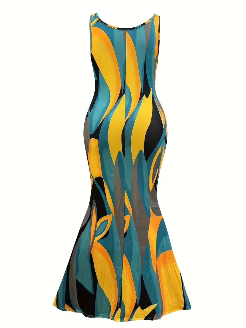 Plus Size Summer Women'S Stylish Color-Blocked Printed Sleeveless Dress With Round Neck And Pockets, Casual Plus-Size Dress For Women