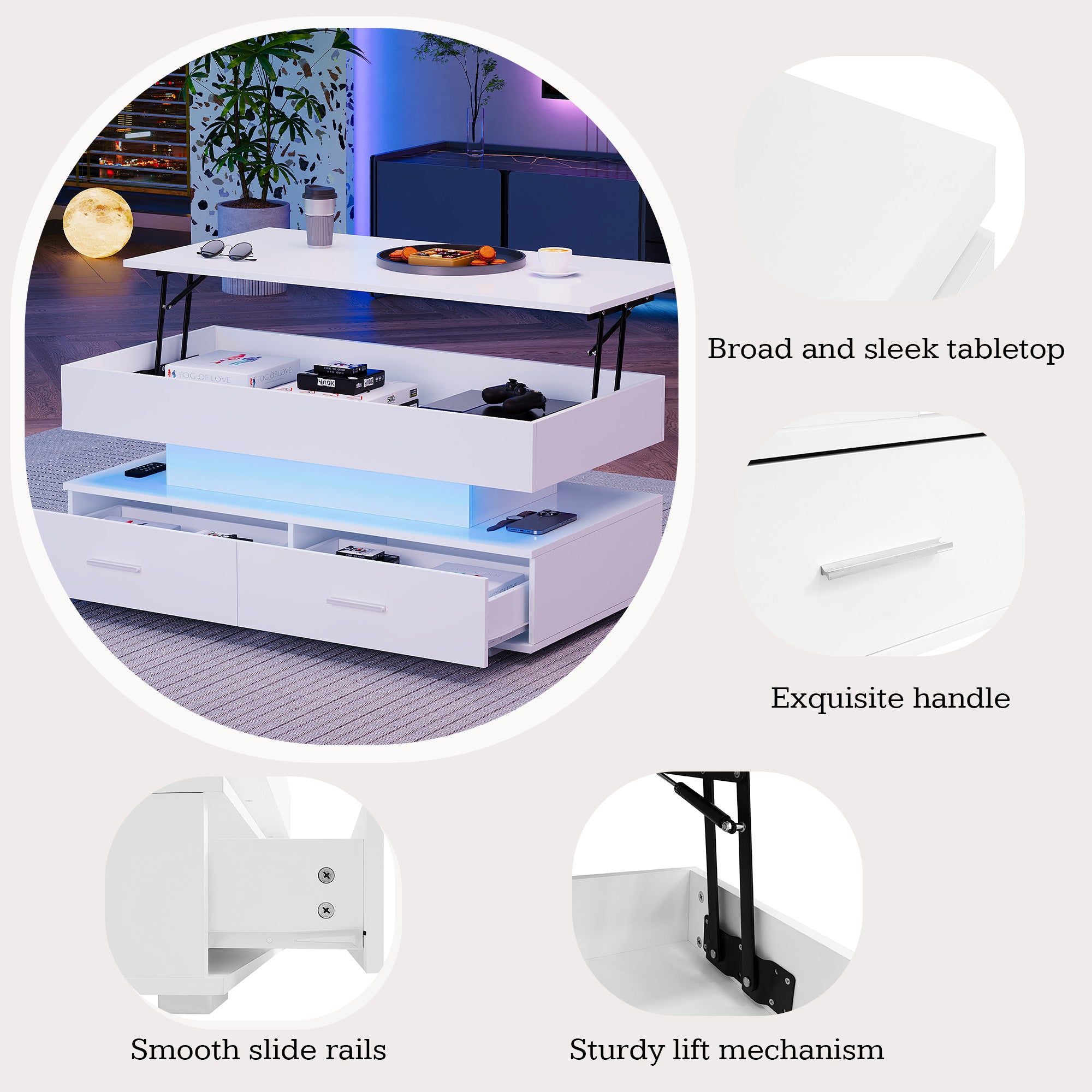 100x50x44cm Hydraulic Height Adjustable Coffee Table, With LED Lighting, Bluetooth APP Control, 2 Drawers And Open Storage,White Liftable Coffee Table
