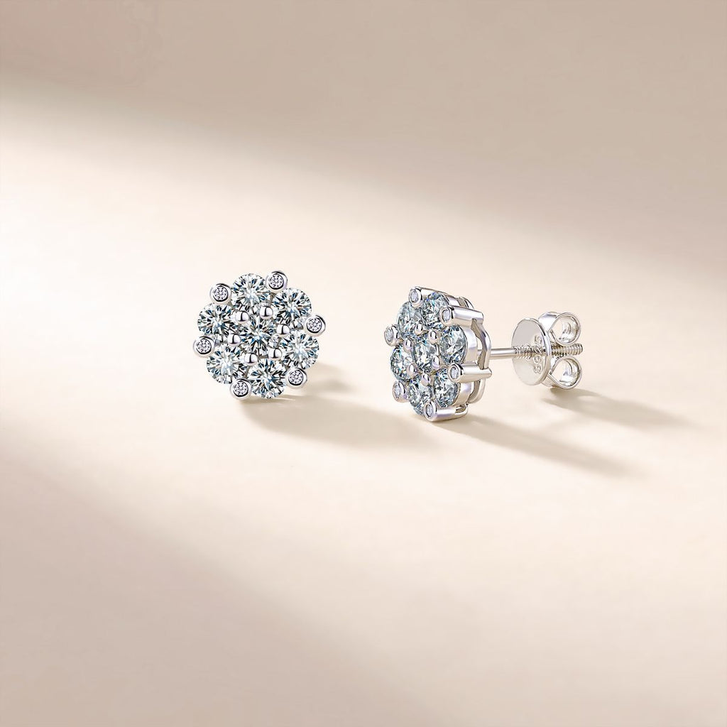S925 Sterling Silver Floral Cluster Stud Earrings, 3mm D-VVS1 Moissanite Pave, Platinum Plated 2.5g Women's Jewelry Gift Box Set