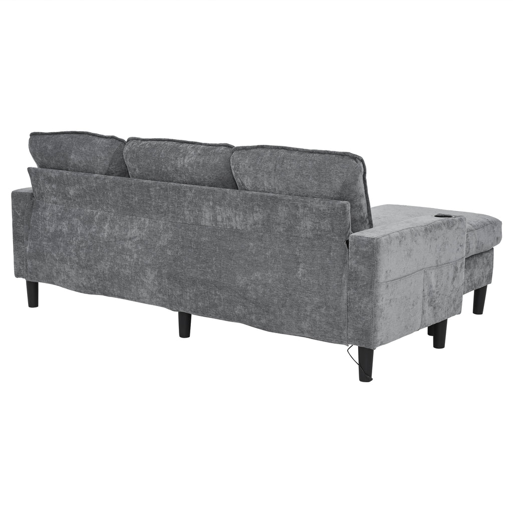 Upholstered Sofa & Couch With USB & Type-C Ports, 3 Seater Sofa With Dual Cup Holders For Living Room, Apartment, Lounge & Bedroom - L-Shaped Sofa Bed, Grey, Linen