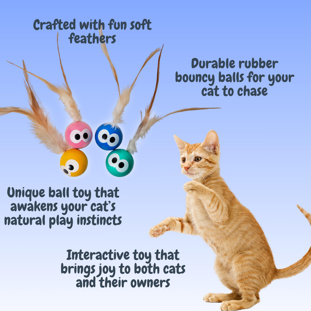 Bouncing Balls Cat Toy With Feather - Interactive Cat Bouncing Ball With Tail, Bouncing Cat Toy For Indoor Cats & Playful Kittens, Soft Colorful Feathers, 4 Count Pack
