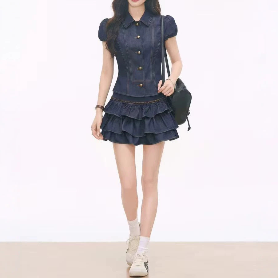 Womens Short-sleeve Shirt And Tiered Skirt Set