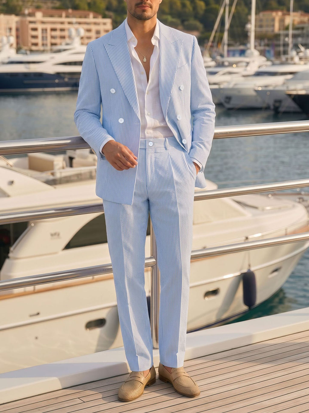 Mens Business Gentleman Striped Double-Breasted Suit Set