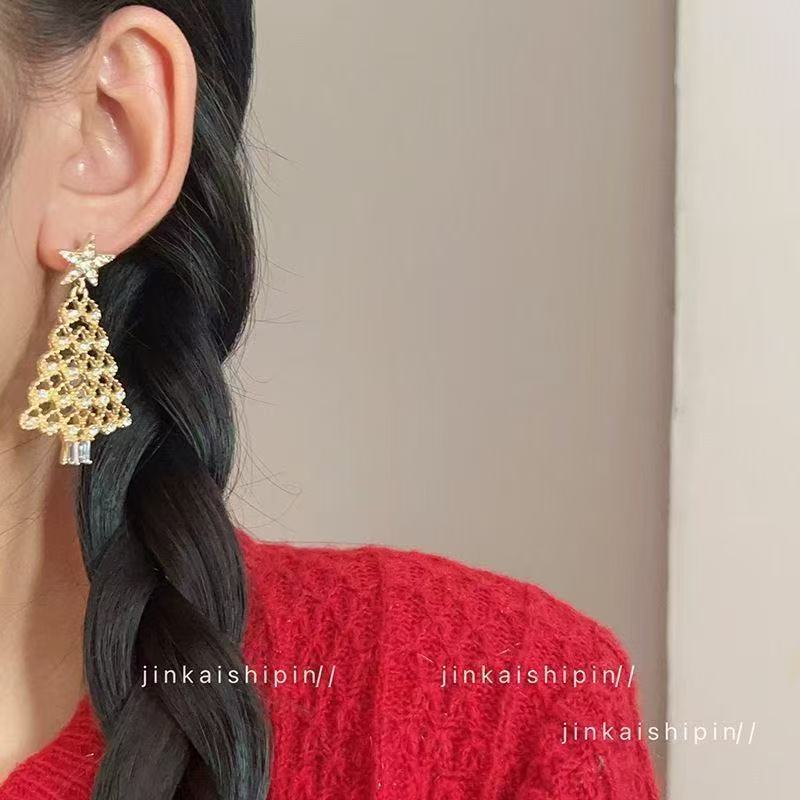 New European & American Colorful Rhinestone Christmas Tree Earrings, Personal Elegant Light Luxury Dangle Drop Earrings For Xmas Party