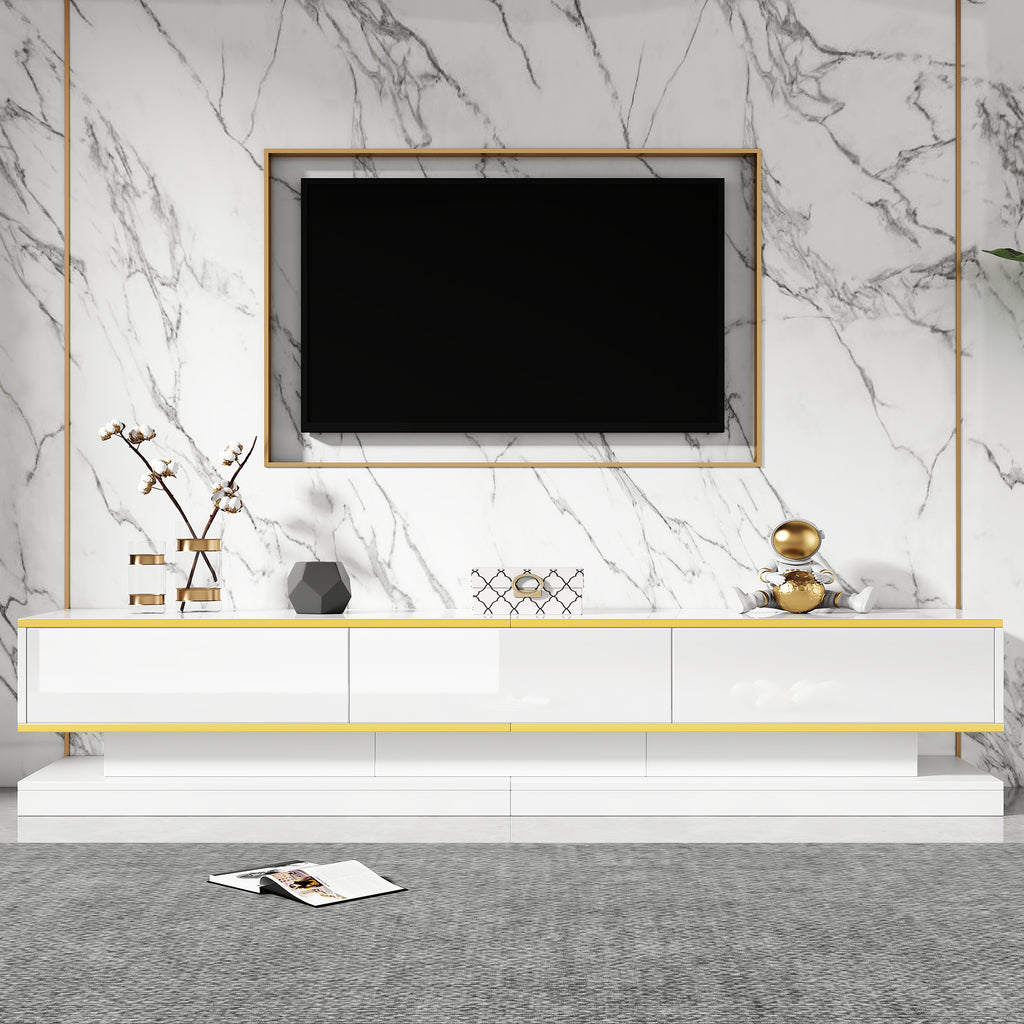 200x40x40cm TV Cabinet, Lowboard With 3 Drawers, High Gloss TV Stand, Living Room Cabinet With Large Storage Space, Warm White TV Table With Golden Edge, Floor Standing TV Cabinet