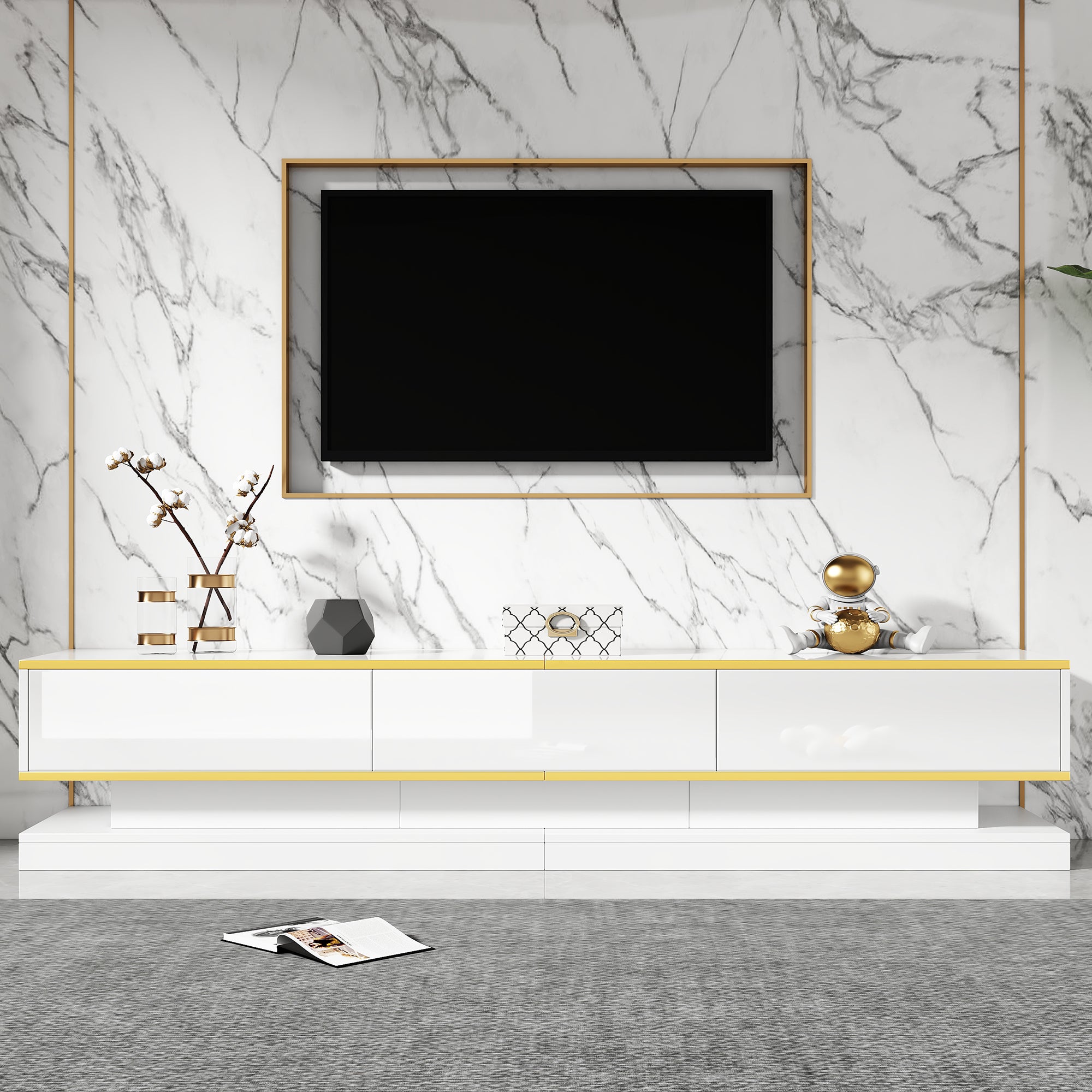 200x40x40cm TV Cabinet, Lowboard With 3 Drawers, High Gloss TV Stand, Living Room Cabinet With Large Storage Space, Warm White TV Table With Golden Edge, Floor Standing TV Cabinet