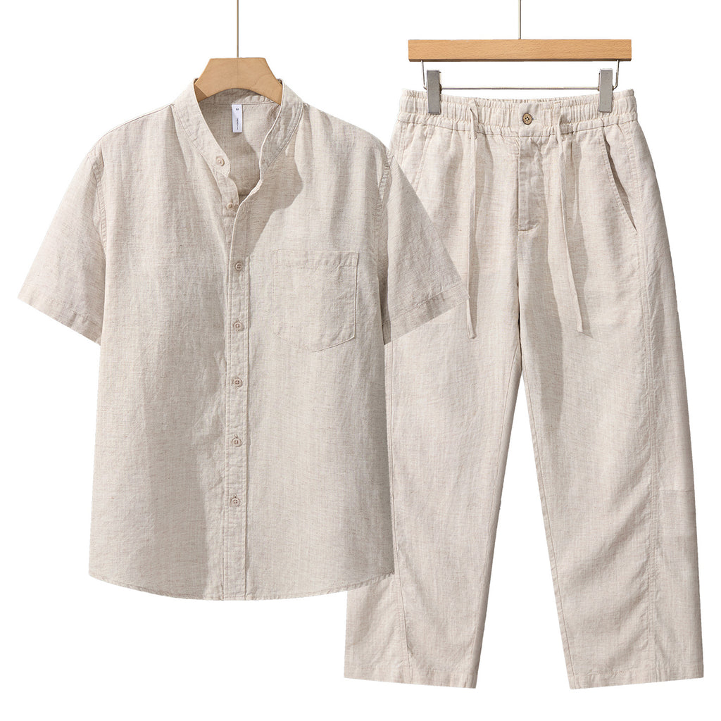Tencel Linen Shirt Mens Short-sleeve Shirt And Linen Trousers Set