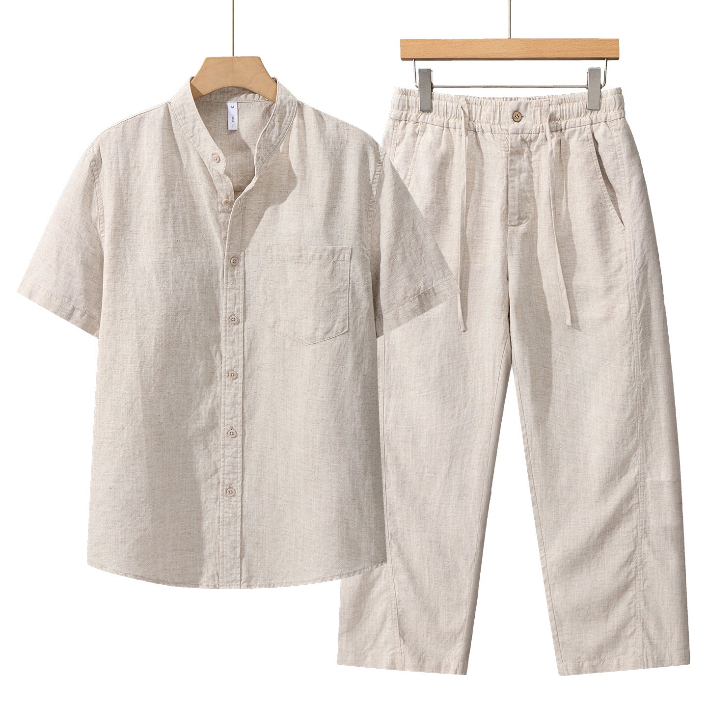 Tencel Linen Shirt Mens Short-sleeve Shirt And Linen Trousers Set