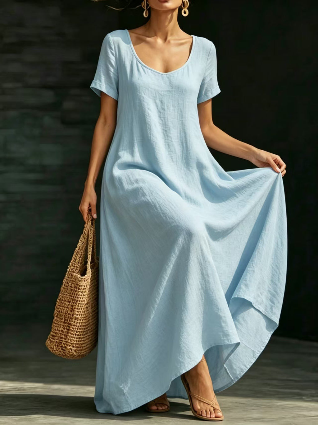 Summer U-Neck Short Sleeve Flowy Maxi Dress - Casual Solid Color Women's Loose Dress Summer Dress For Women