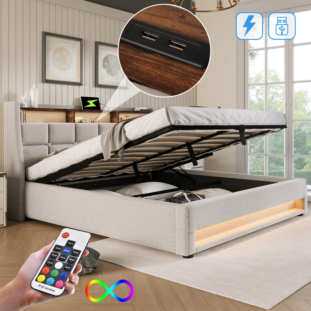Upholstered Bed With USB 140x200cm,LED Double Bed With Slatted Frame Made Of Metal Frame,Bed Frame Made Of Linen Material Youth Bed Without Mattress