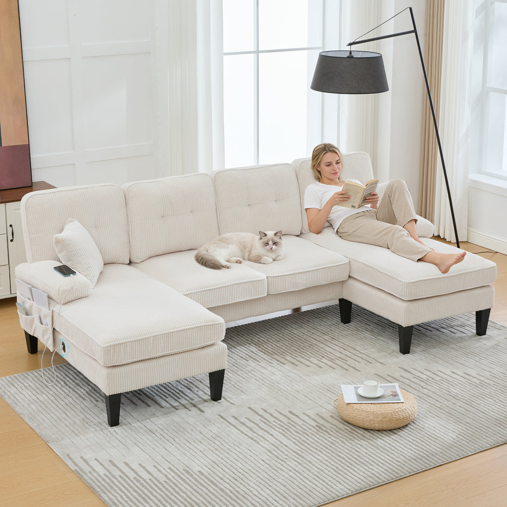 Modern 4-seater U-sofa With Double Chaise Longue  Made Of Soft Corduroy Fabric, With Comfortable Upholstery, Modern Backrest And Robust Construction. Perfect For Any Living Room Concept.Beige