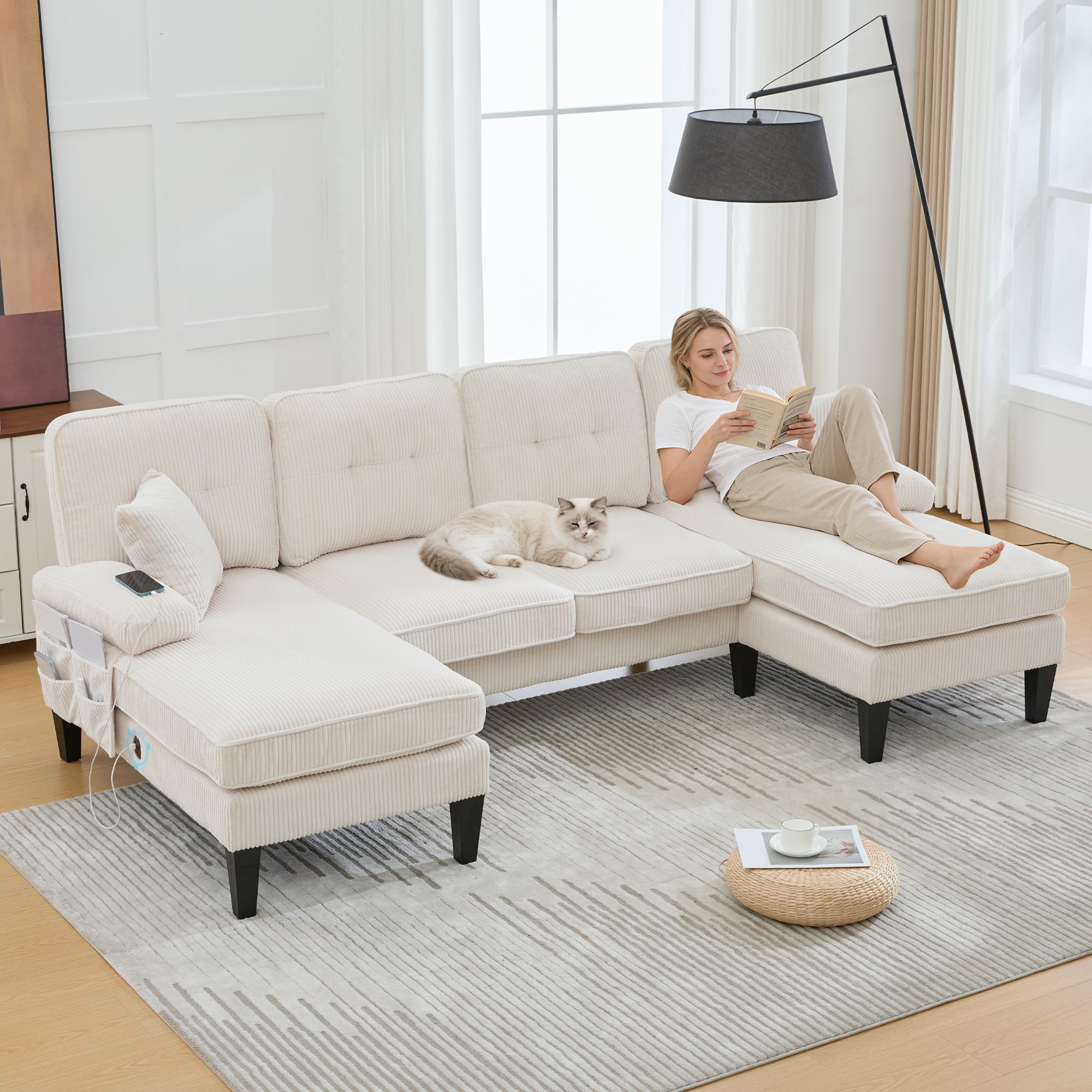 Modern 4-seater U-sofa With Double Chaise Longue  Made Of Soft Corduroy Fabric, With Comfortable Upholstery, Modern Backrest And Robust Construction. Perfect For Any Living Room Concept.Beige