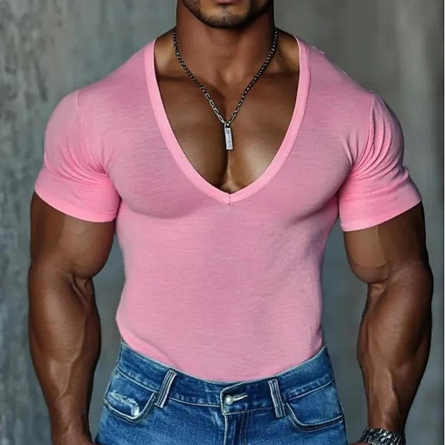 Mens Short-sleeve V-neck T-shirt Slim-fit Solid Color Casual