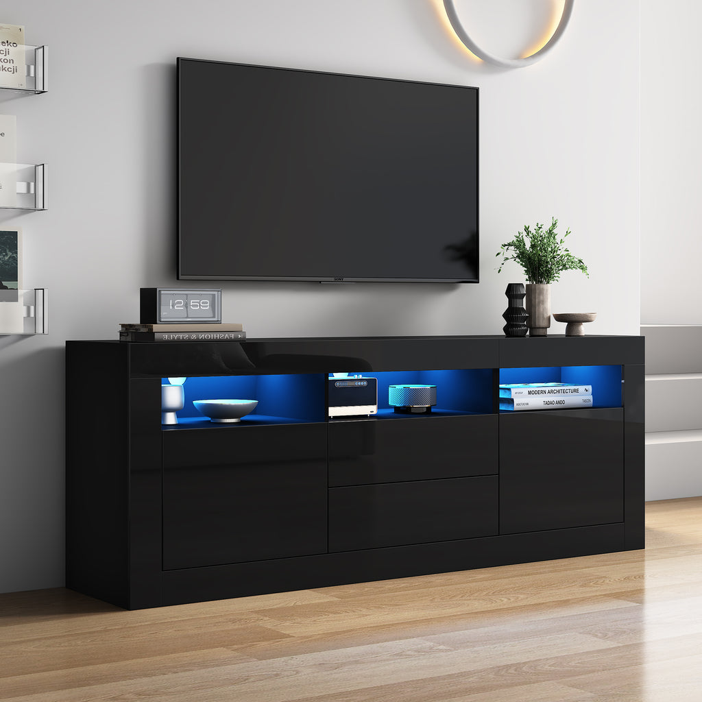 160x35x60cm High Gloss TV Cabinet With LED Lighting, 3 Open Compartments, 2 Doors, 2 Drawers, Smart App Control, For 70 Inch TV,High Gloss TV Stand